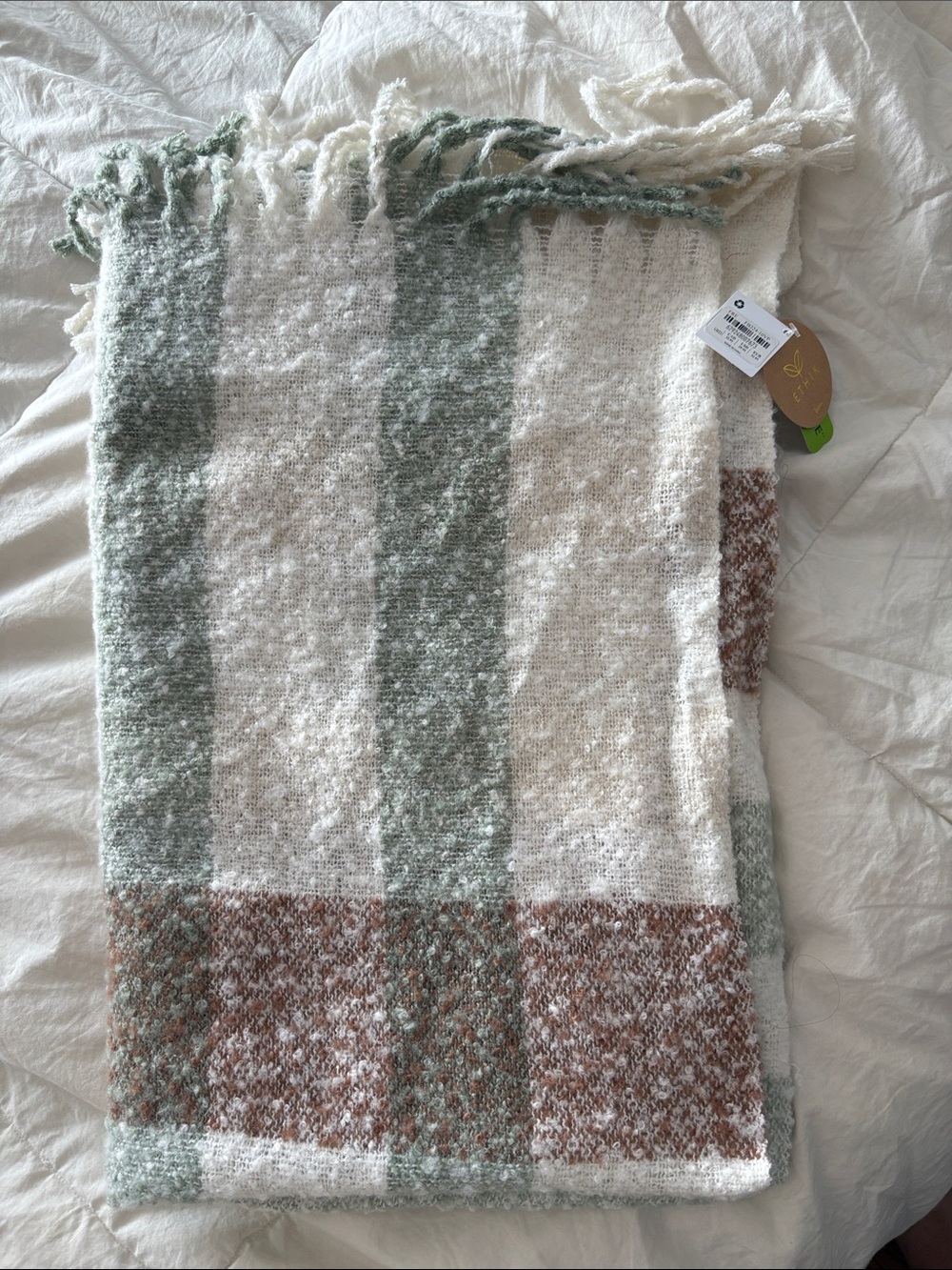 Cozy Striped Throw Scarf in Sage Green, Cream & Brown
